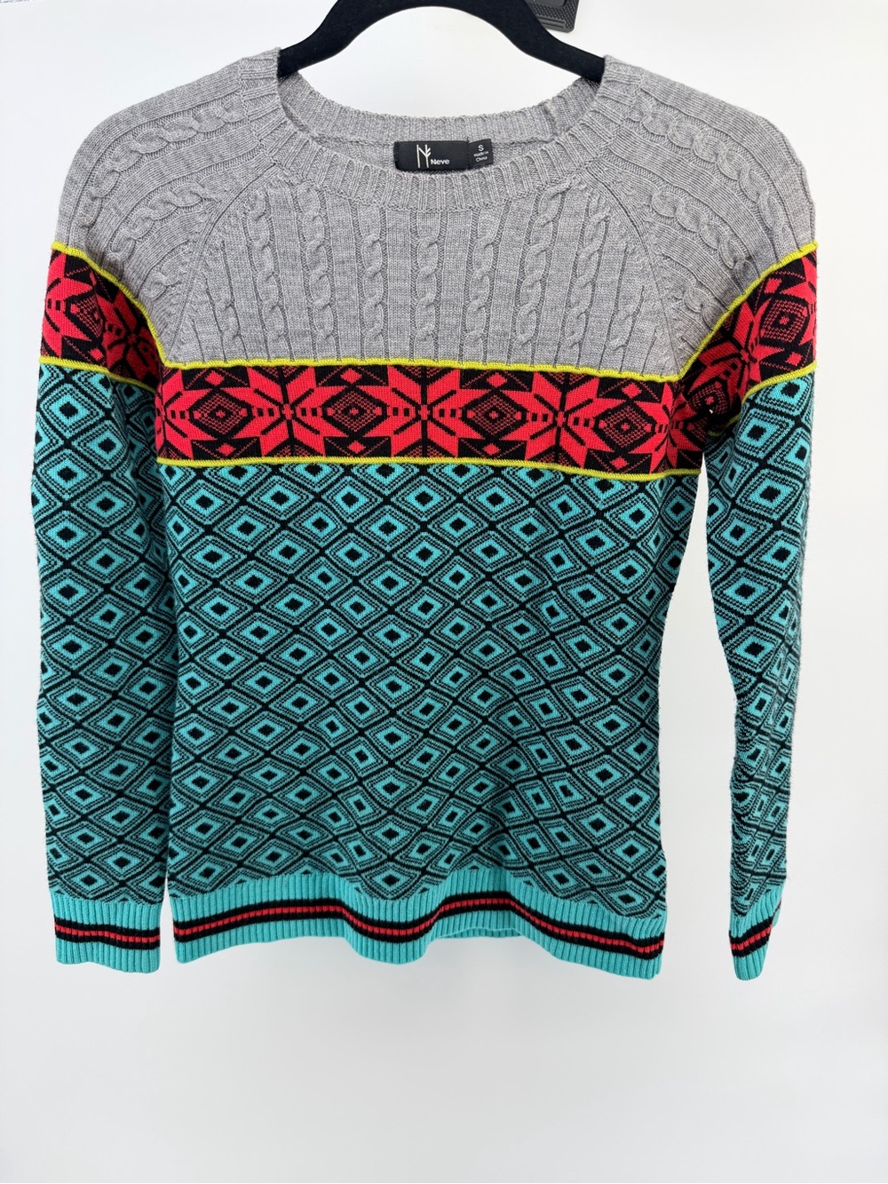 NWOT Neve Cable Knit and Fair Isle Ski Sweater in 90s Teal Red and Grey
